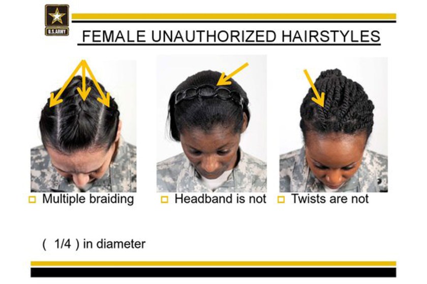 This undated image provided by the US Army shows new Army grooming regulations for females. New Army regulations meant to help standardized and professionalize soldiers appearance is now coming under criticism by some black military women, who say changes in the requirement for their hair are racially biased. The Army earlier this week issued new appearance standards, which included bans on most twists, dreadlocks and large cornrows, all styles used predominantly by African-American women with natural hairstyles. More than 11,000 people have signed a White House petition asking President Barack Obama, the commander-in-chief, to have the military review the regulations to allow for neat and maintained natural hairstyles. (AP Photo/US Army)