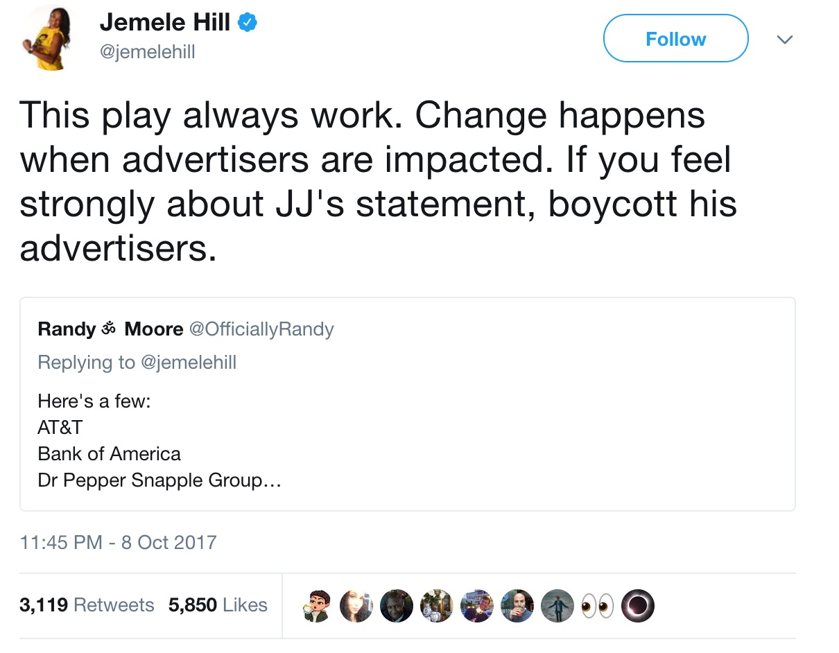 Jemele_Hill_on_Twitter___This_play_always_work__Change_happens_when_advertisers_are_impacted__If_you_feel_strongly_about_JJ_s_statement__boycott_his_advertisers__https___t_co_LFXJ9YQe74_